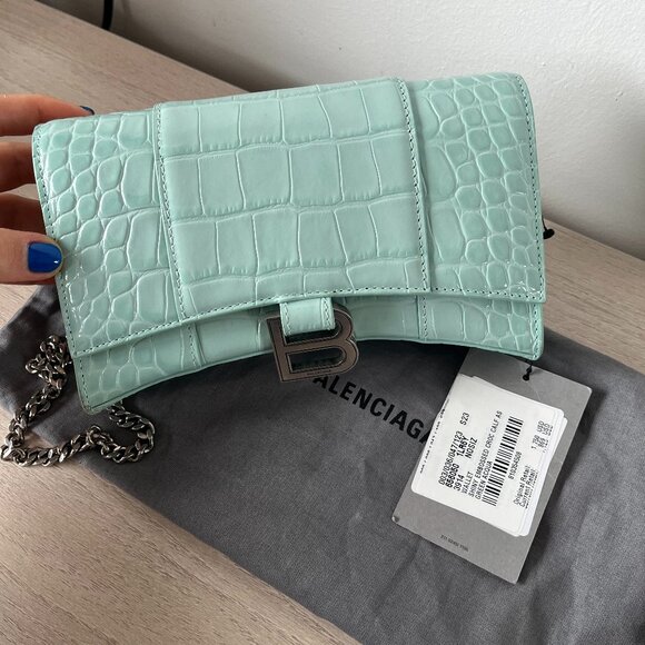NWT Balenciaga Wallet On Chain Green Acqua Shiny Croc Embossed Leather - Picture 3 of 11
